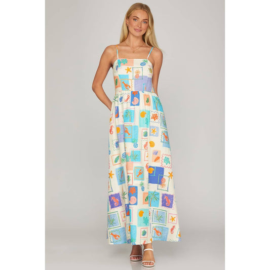 LAST CHANCE - Coastal Tile Print Cami Maxi Dress with Pockets