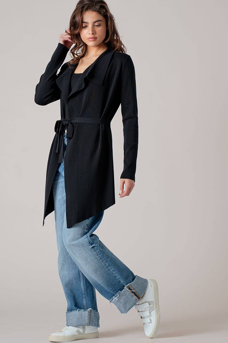 Draped Front Long Sleeve Waist Tie Cardigan