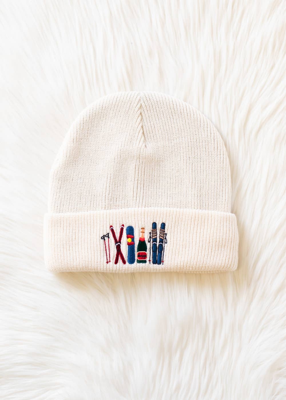Beige Ski Embroidered Knit Beanie