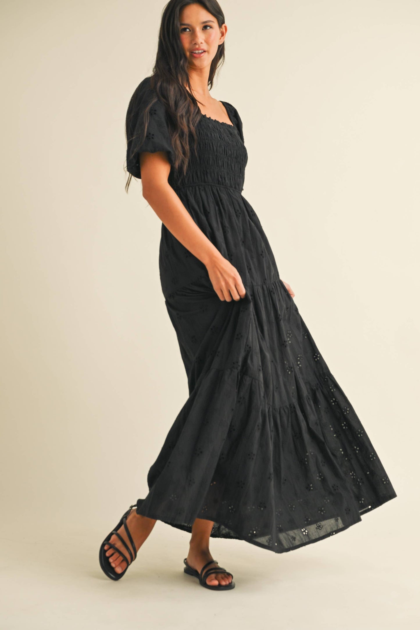 ID8852 EYELET PUFF SLEEVES MIDI DRESS WITH SMOCKING