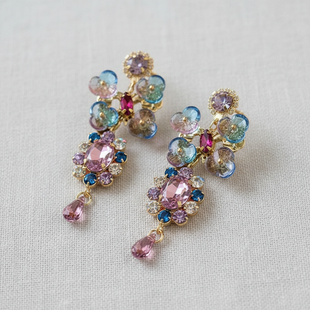 Asymmetric Crystal Floral Drop Earrings