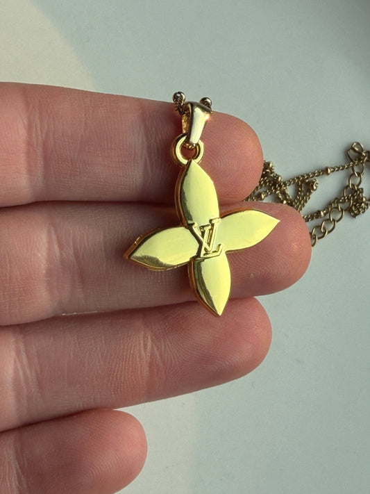 Upcycled LV Designer Four Petal Blossom Necklace