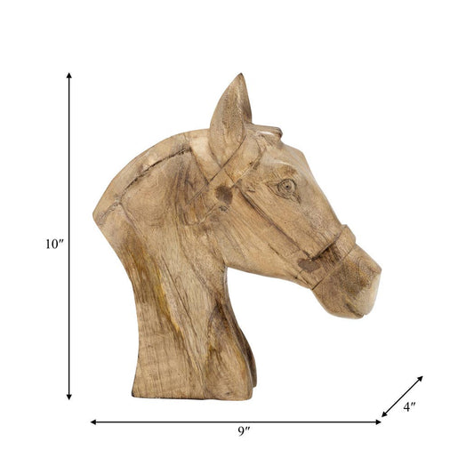 Wood Modern Carved Horse Head Figurine - Brown, 10 in.