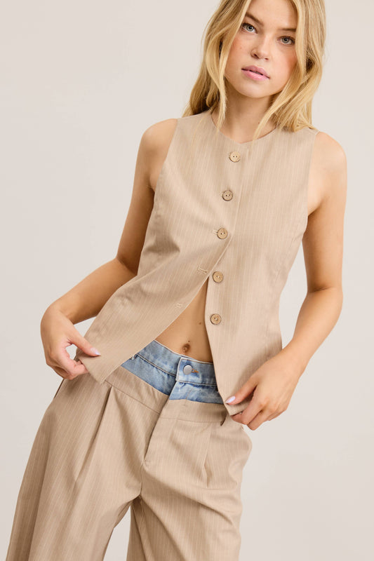 Fitted Pinstripe Button Up Vest