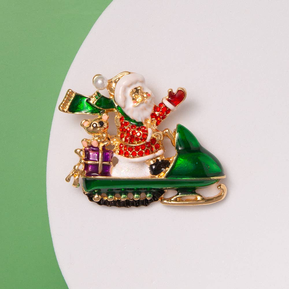 Christmas Santa Claus Riding Snowmobile Brooch Pin