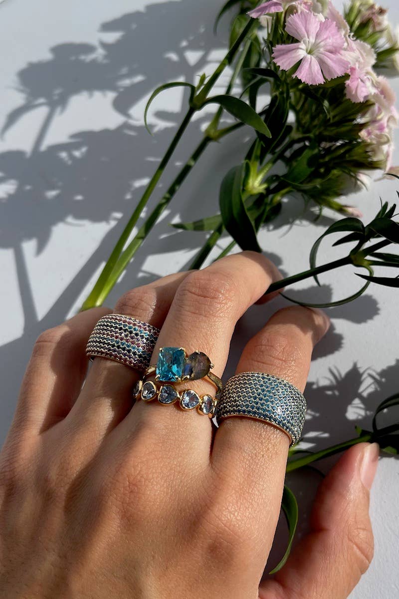 BILLIONAIRE RING- AQUAMARINE CIGAR BAND RING + 14K GOLD VERM