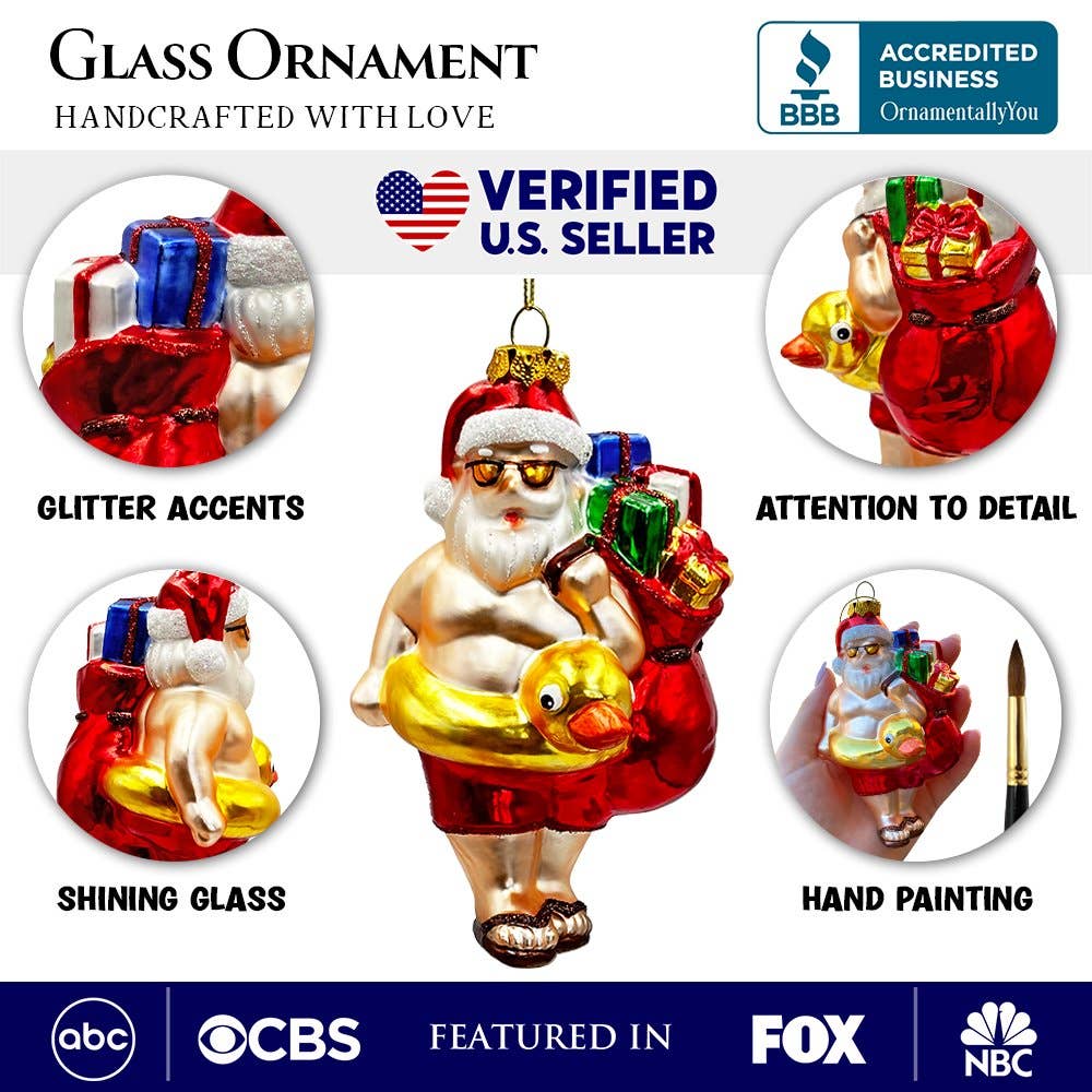 Santa on Summer Vacation in the Pool Quirky Glass Ornament