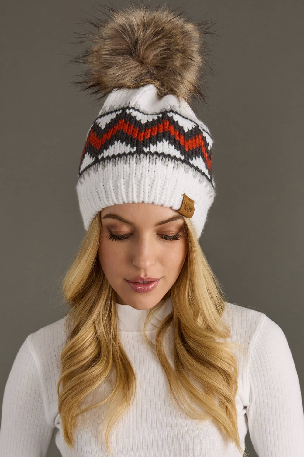 White, Red & Gray Patterned Pom Hat