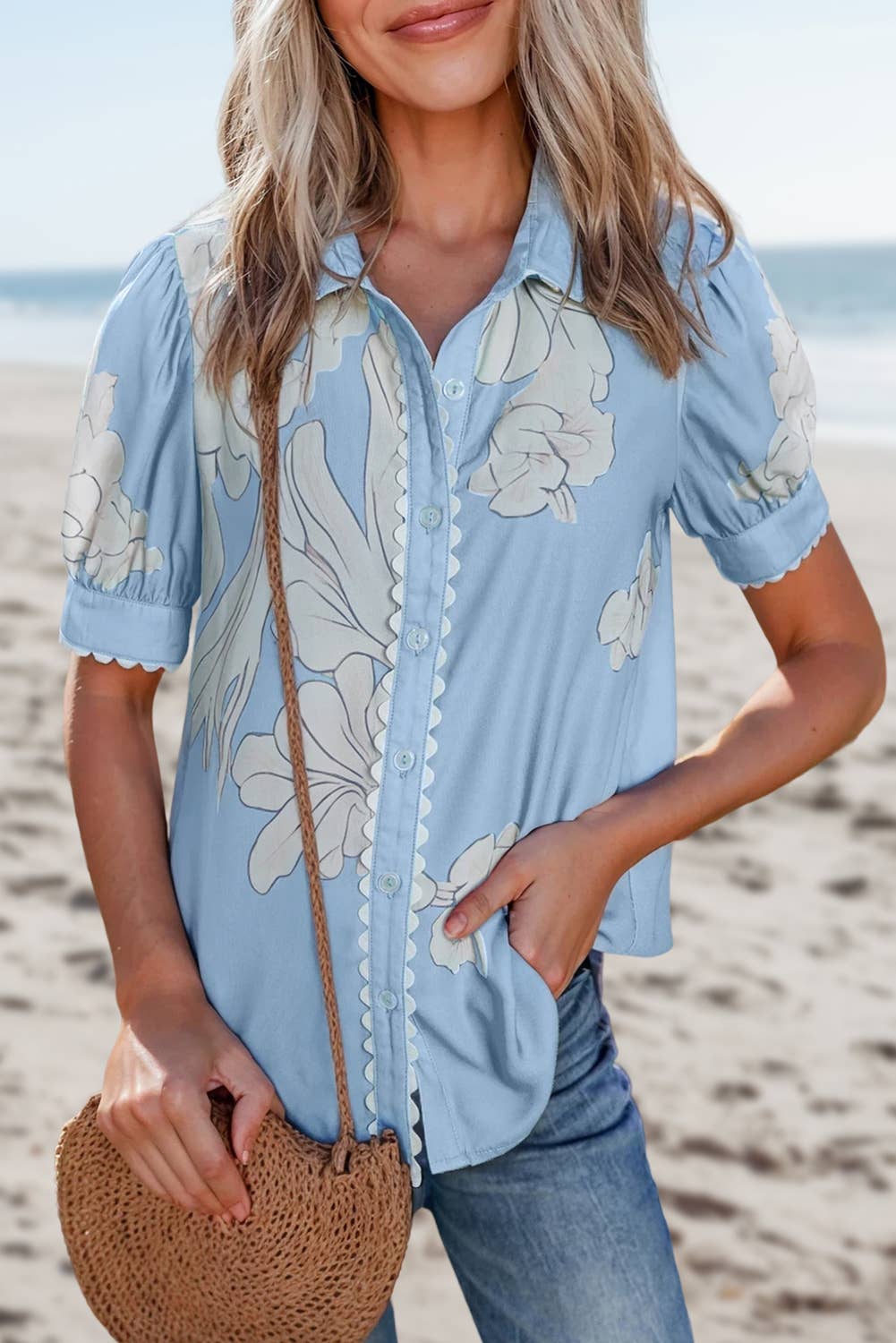 Floral Ric Rac Edge Puff Sleeve Button Up Top | S-XL