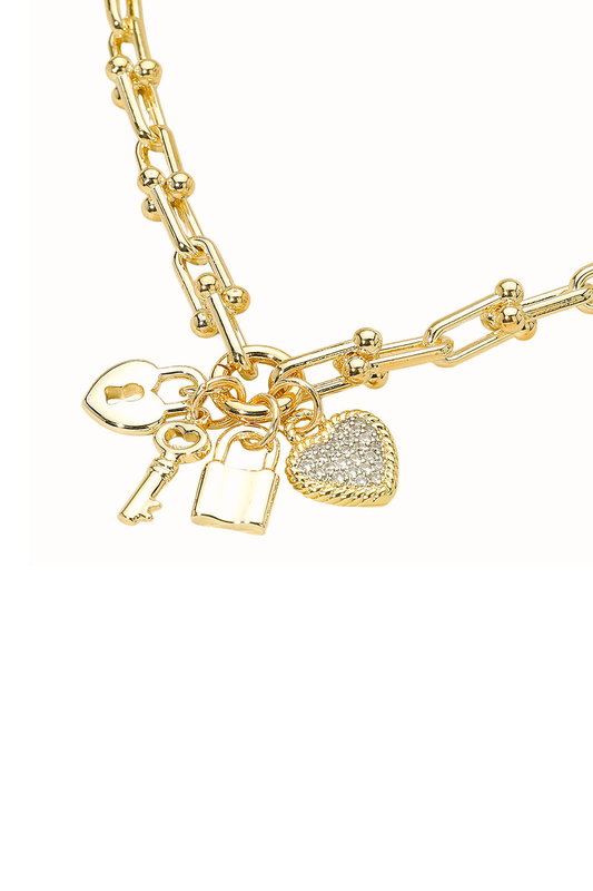Key to My Heart Gold Charm Necklace with CZ Pendant