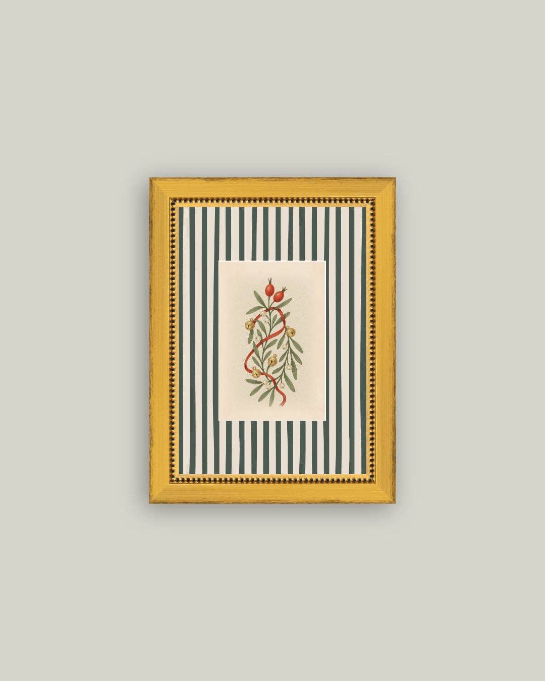 Holly Bells on Stripes Framed Antique Art