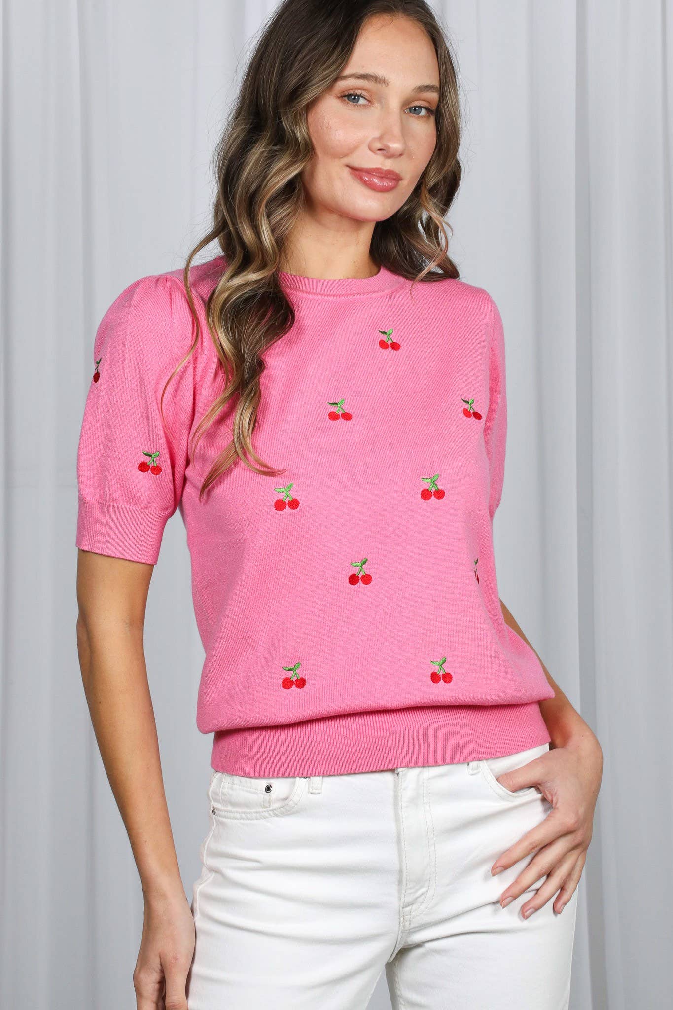 Cherry Embroidered Crew Neck Knitted Sweater VT82686A