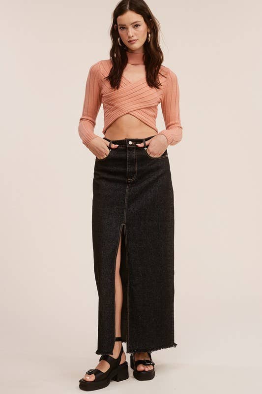 Mid-Rise Denim Maxi Skirt with Front Slit