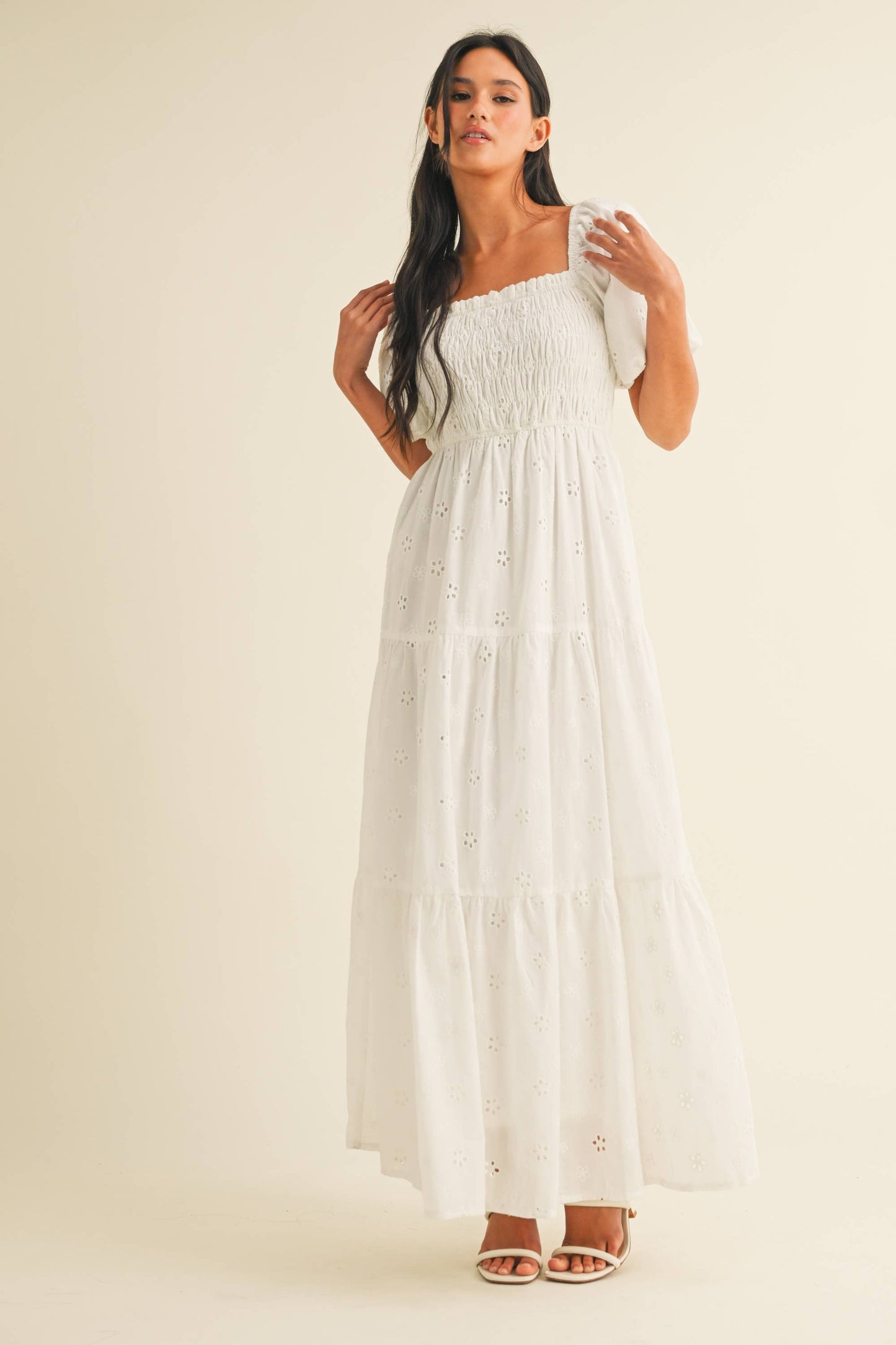 ID8852 EYELET PUFF SLEEVES MIDI DRESS WITH SMOCKING
