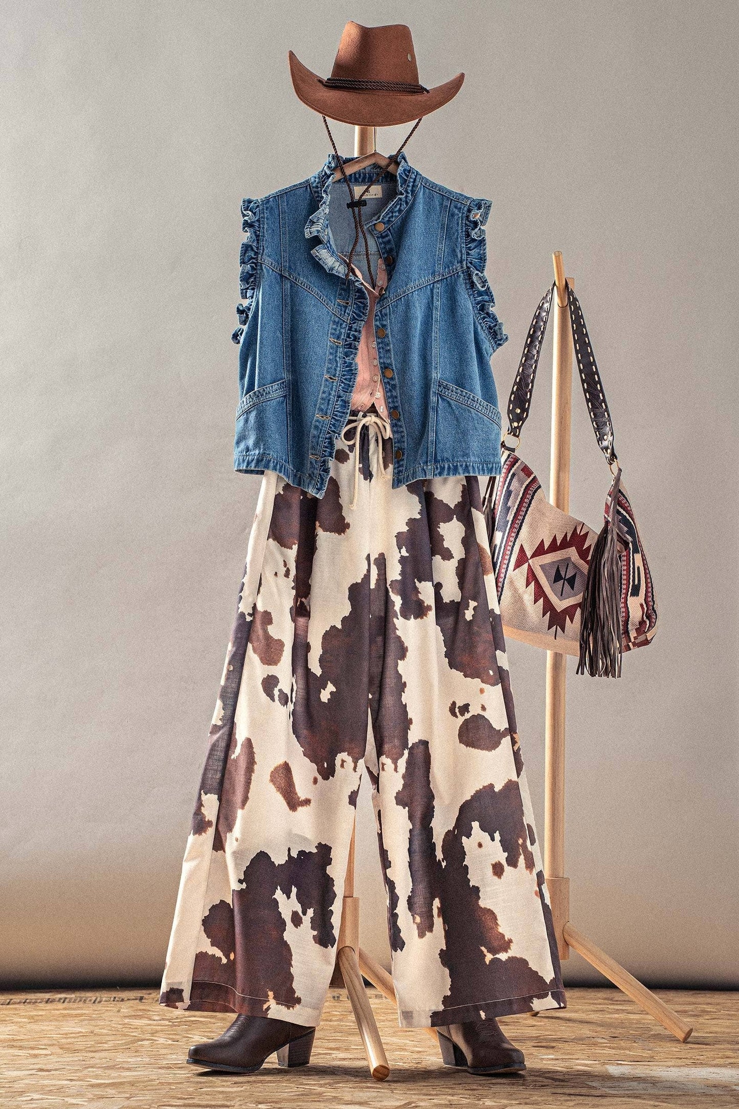 Victorian Ruffle Trim Denim Vest with High Collar