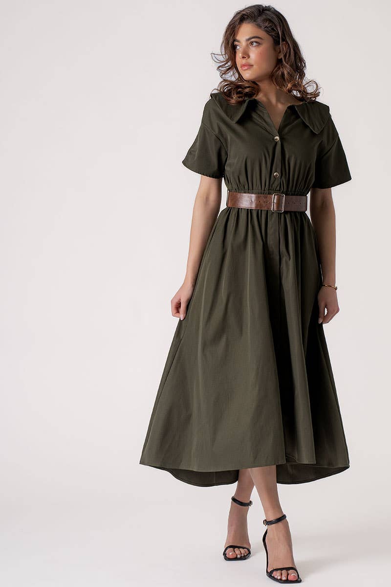 Exaggerated Collar Spring Shirt Belted Midi Dress