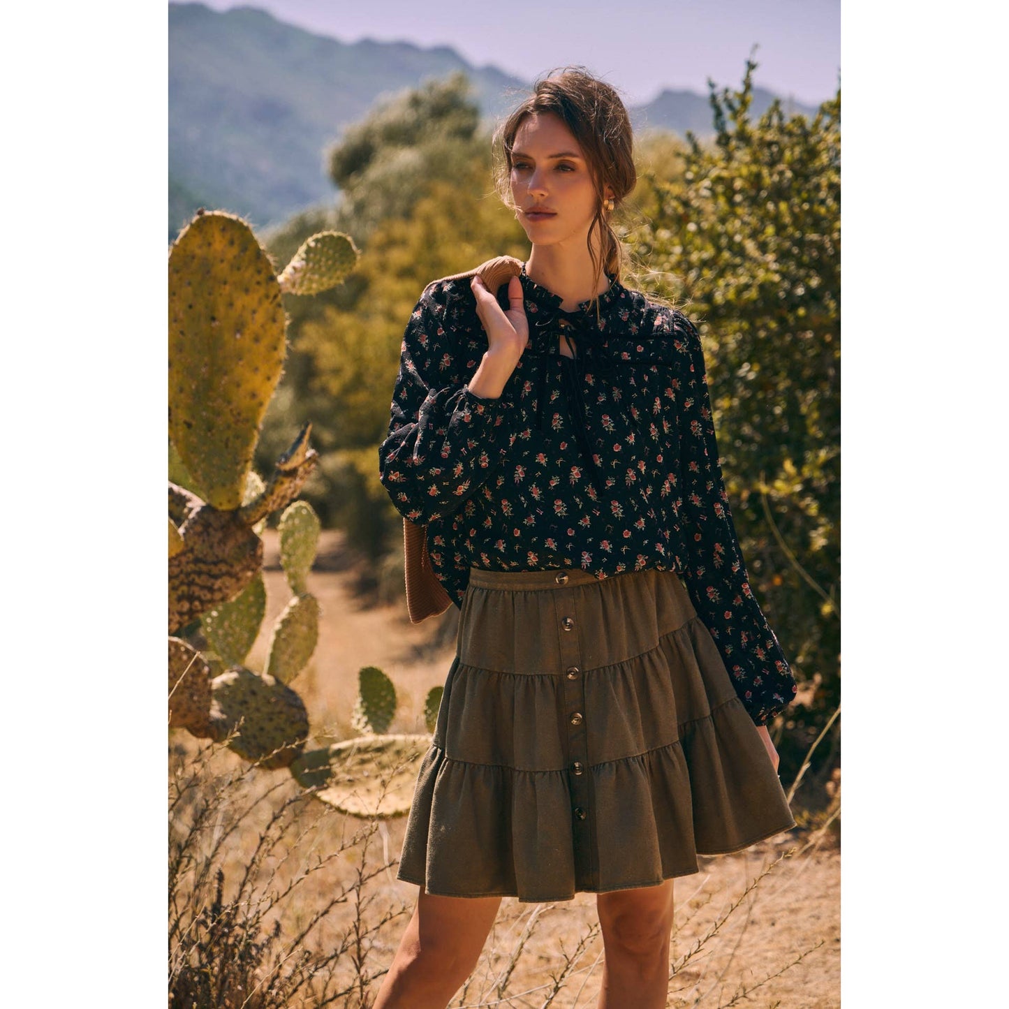 BREEZY FALL DAYS VELVET FLORAL BLOUSE WITH DELICATE RUFFLES