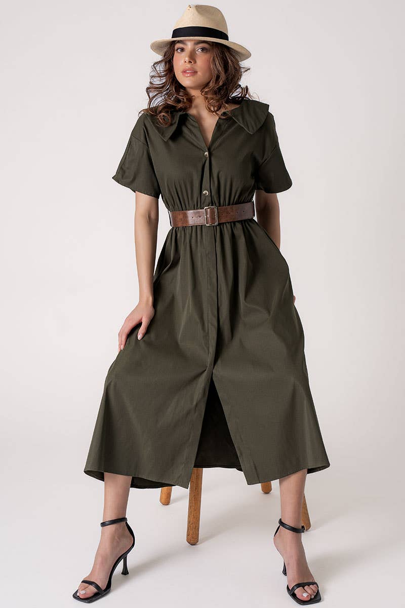 Exaggerated Collar Spring Shirt Belted Midi Dress