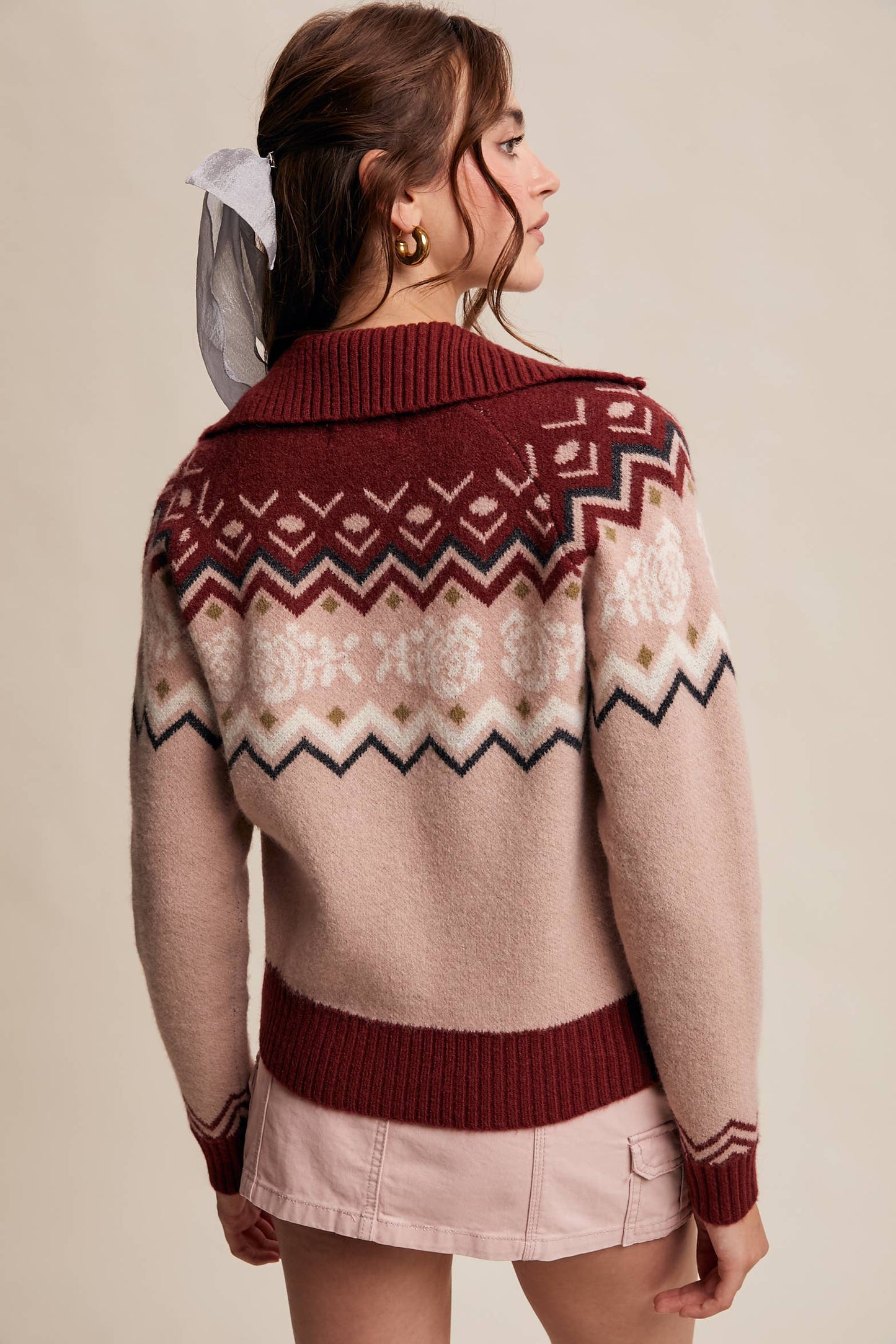 Retro Floral Knit Zip-Up Cardigan