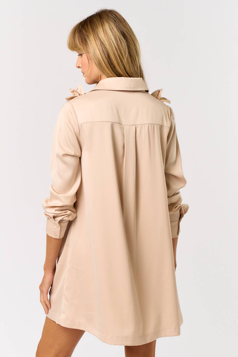 ILD4237 SATIN RUFFLE DETAIL BUTTON DOWN SHIRT DRESS
