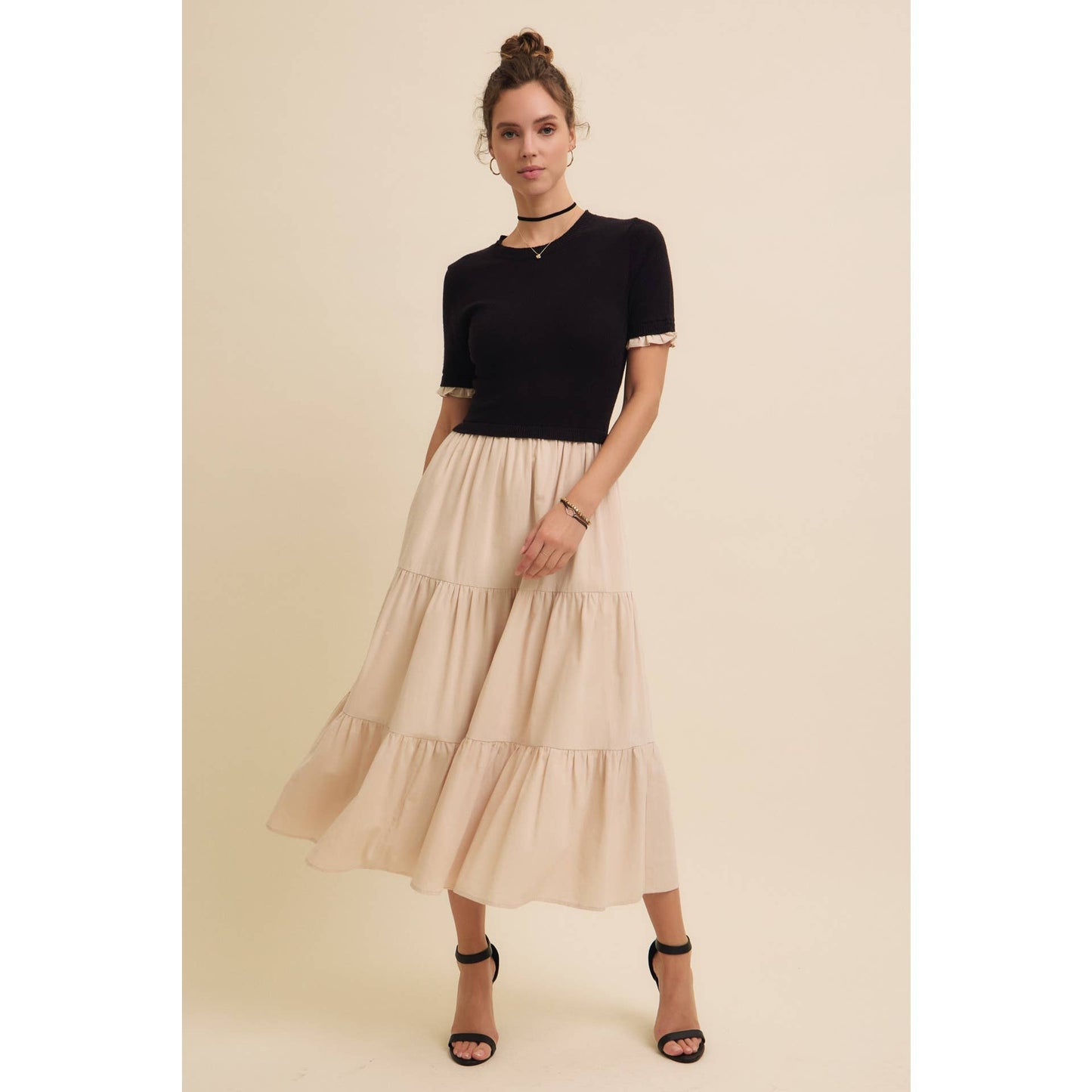 TIERED MIDI DRESS WITH SWEATER TOP AND WOVEN SKIRT