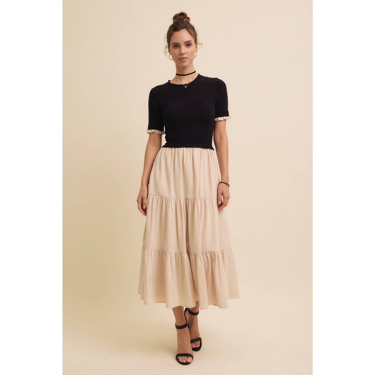 TIERED MIDI DRESS WITH SWEATER TOP AND WOVEN SKIRT