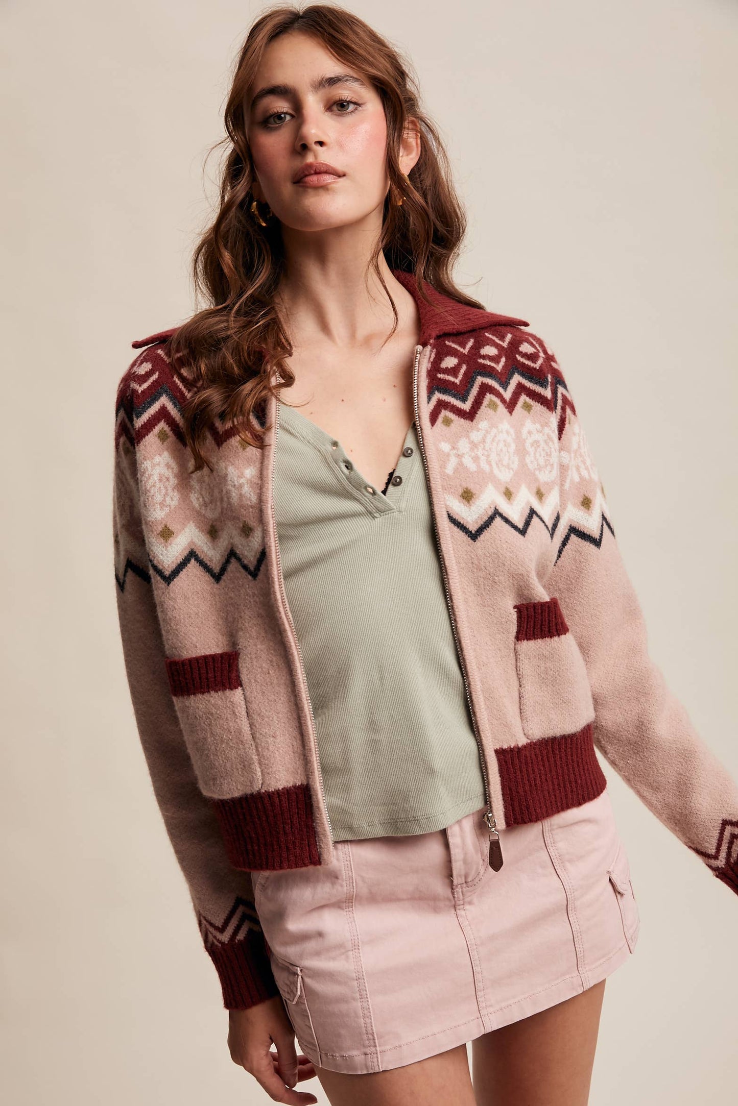 Retro Floral Knit Zip-Up Cardigan