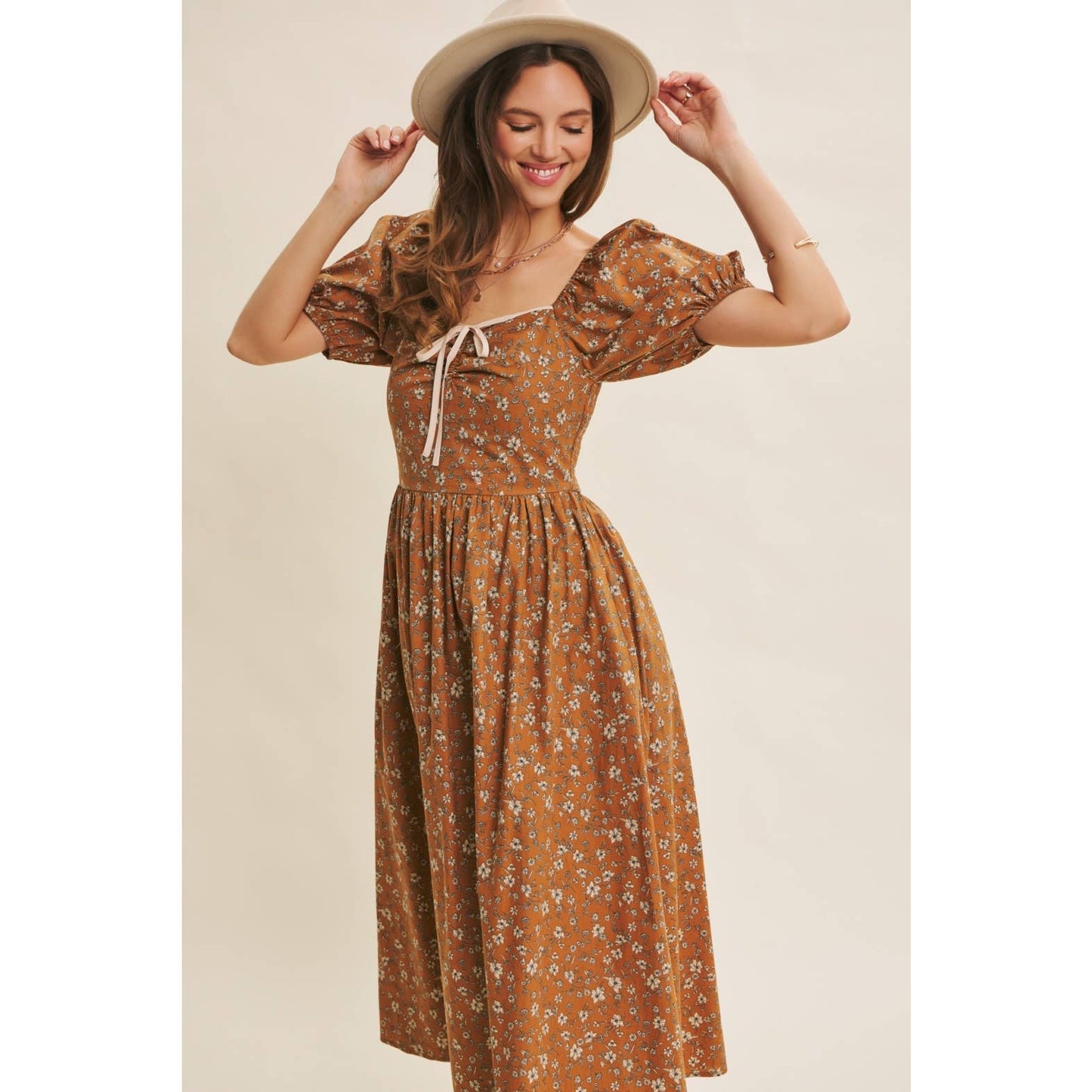 GOLDEN HOUR FLORAL PUFF SLEEVE MIDI DRESS WITH SMOCKED BACK