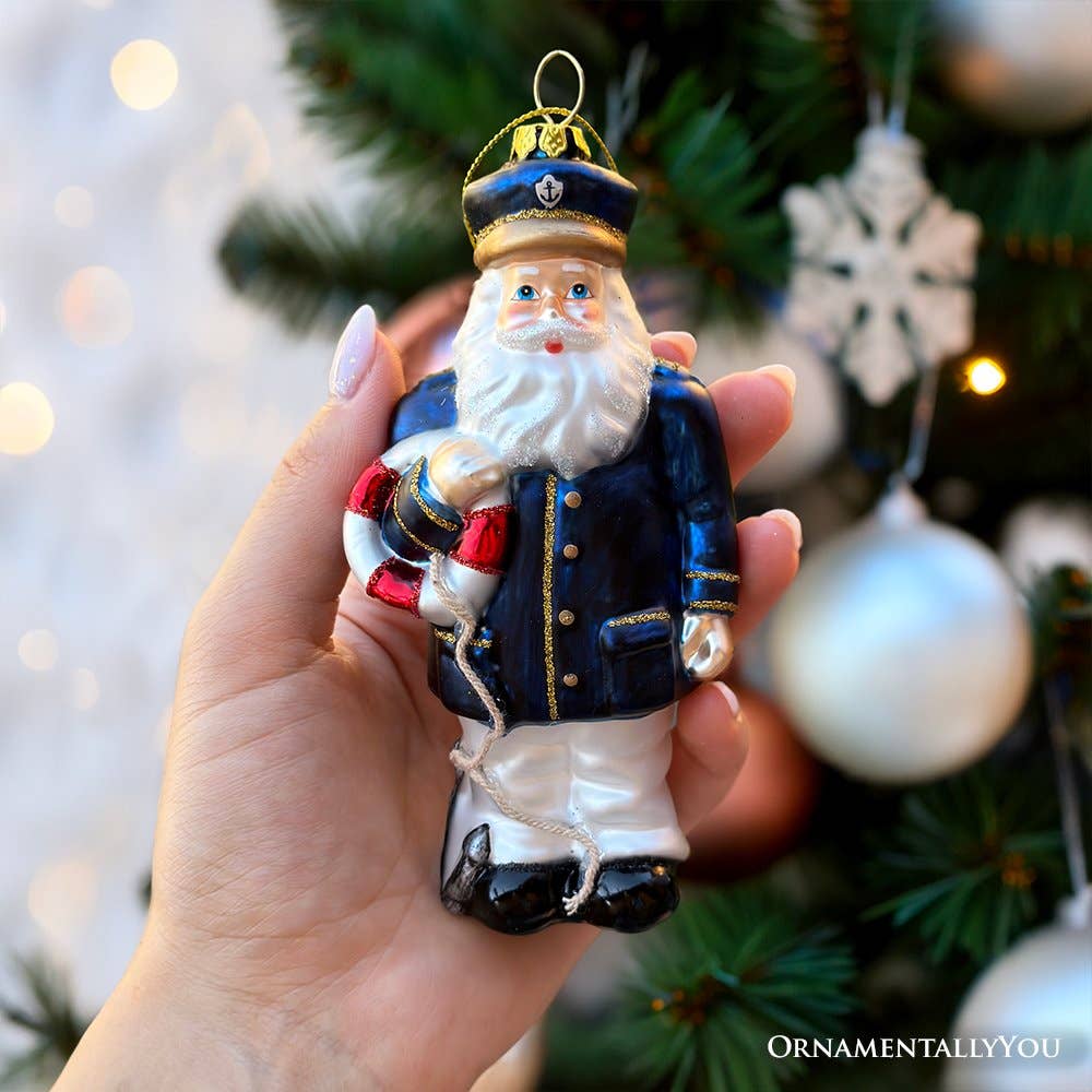 Santa the Ship Captain Glass Ornament