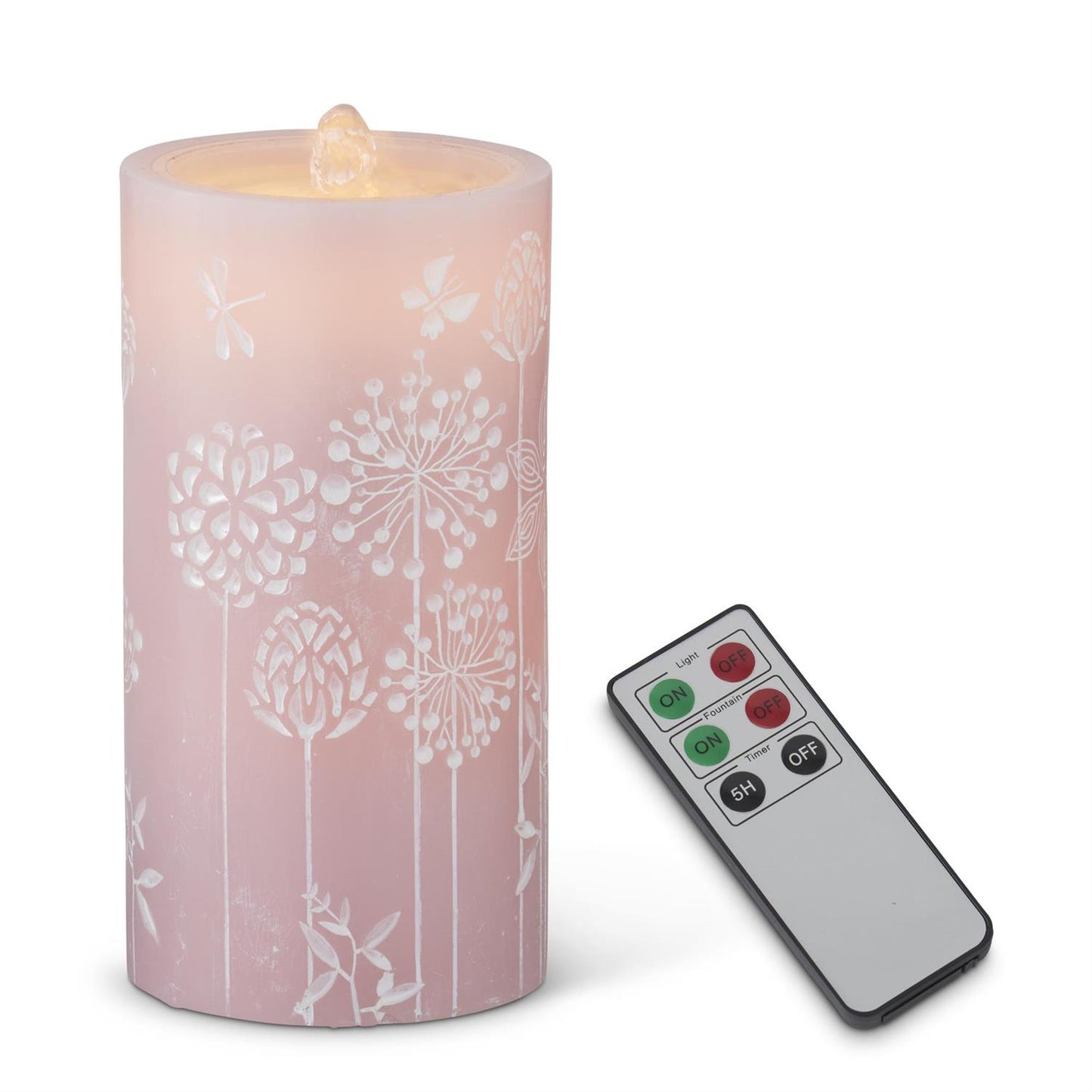 Flower Etched LED Wax Pillar Water Candle w/Timer & Remote