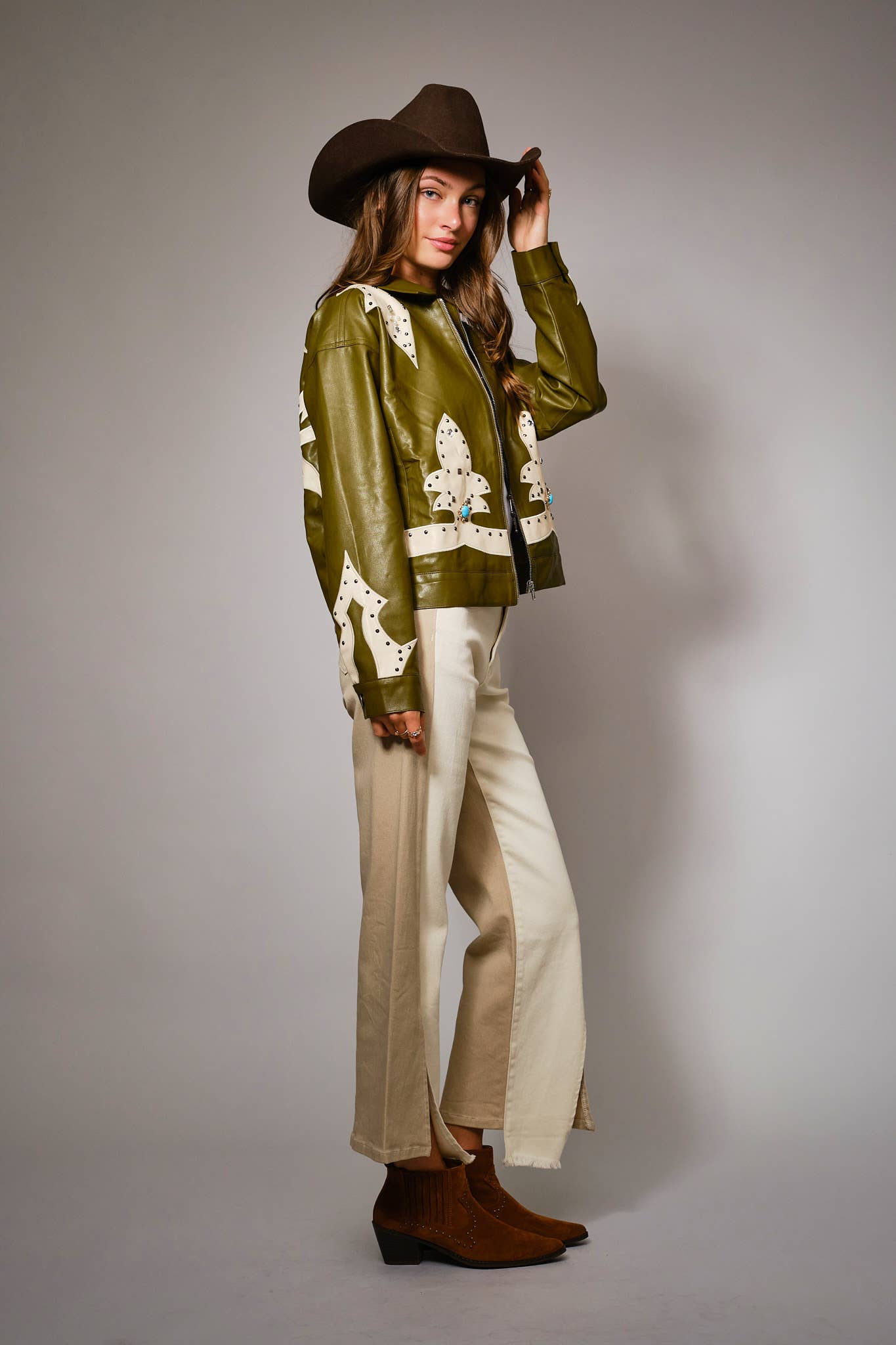 23526J - Faux Leather Studded Oversized Zip-Up Jacket