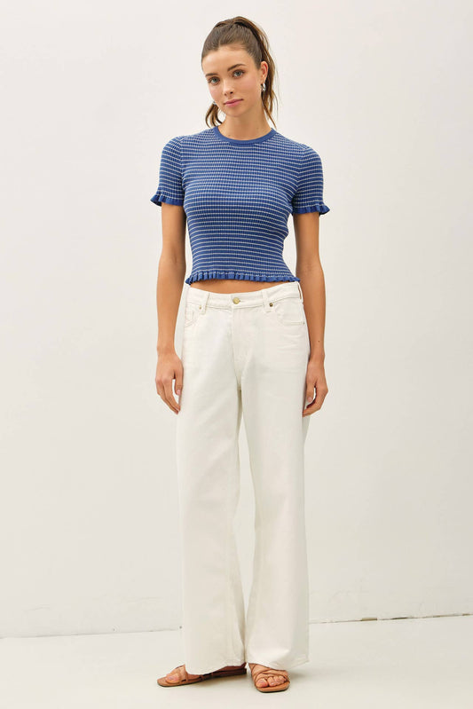 MINI STRIPE RIBBED RUFFLED TOP
