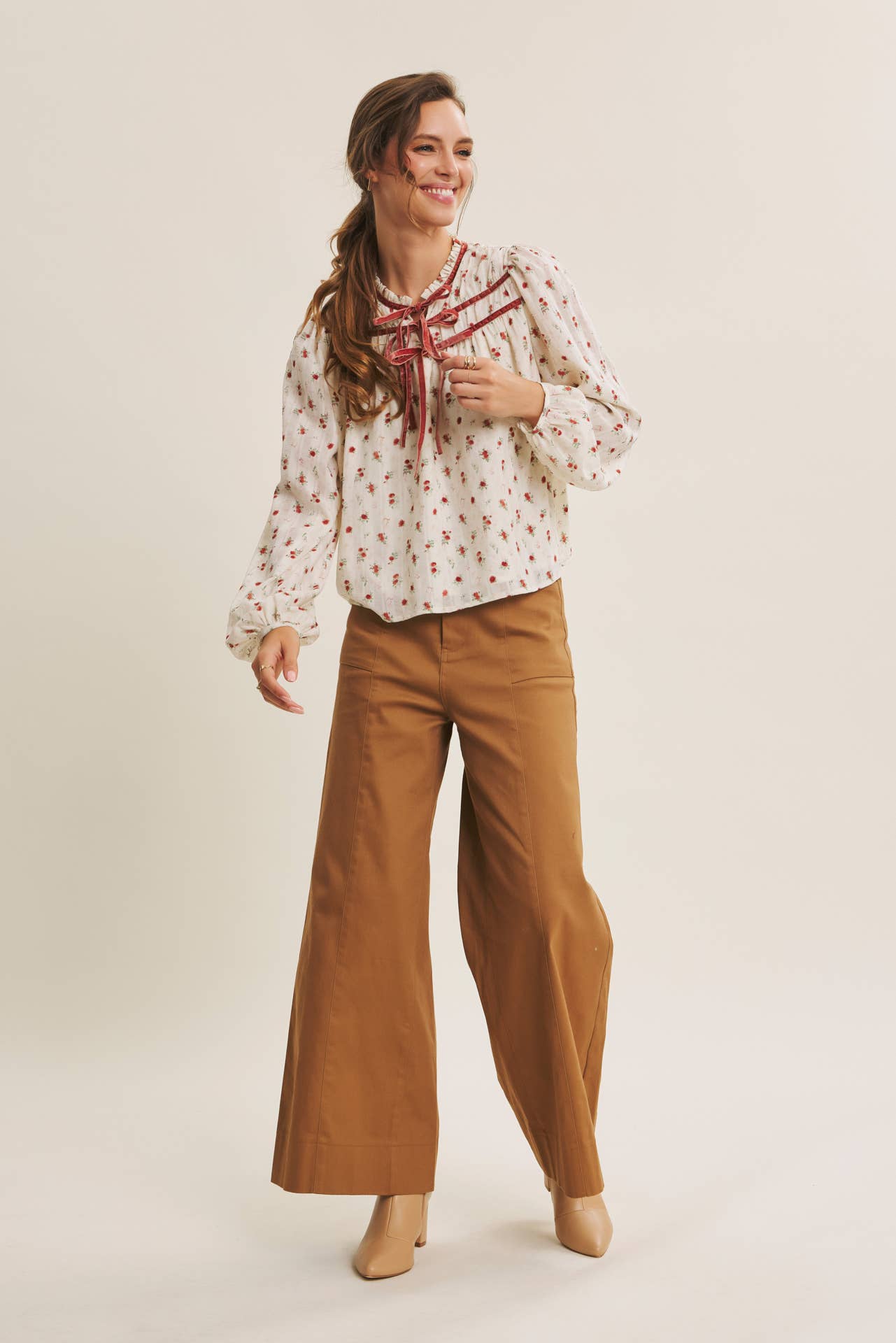 BREEZY FALL DAYS VELVET FLORAL BLOUSE WITH DELICATE RUFFLES