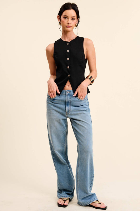 Button Down Sleeveless Round Neck Waistcoat Vest - Navy Blue