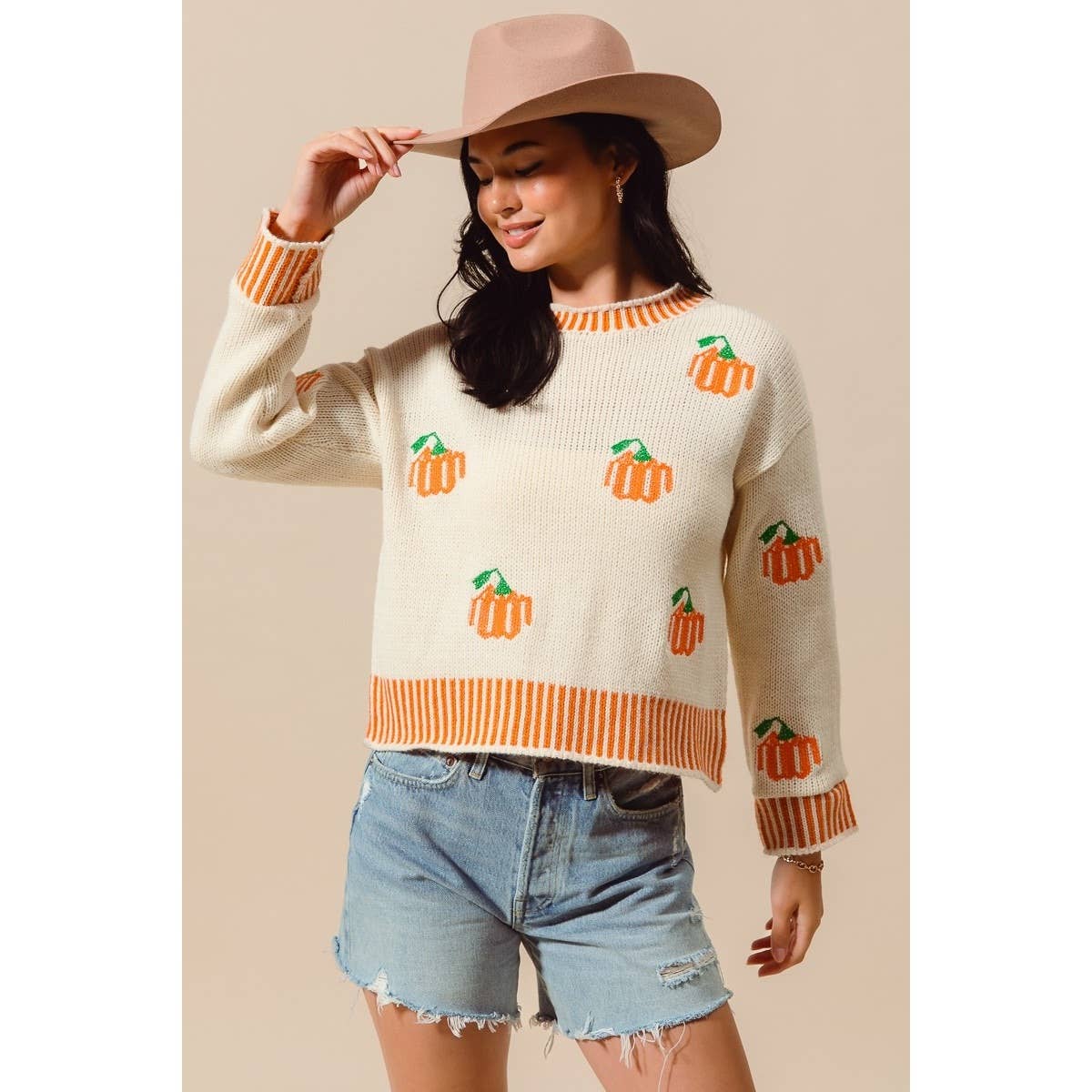 Pumpkin Embroidery Stripe Rib Hem Halloween Top