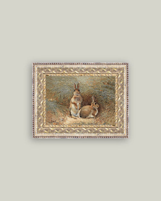 Bunnies Framed Antique Art