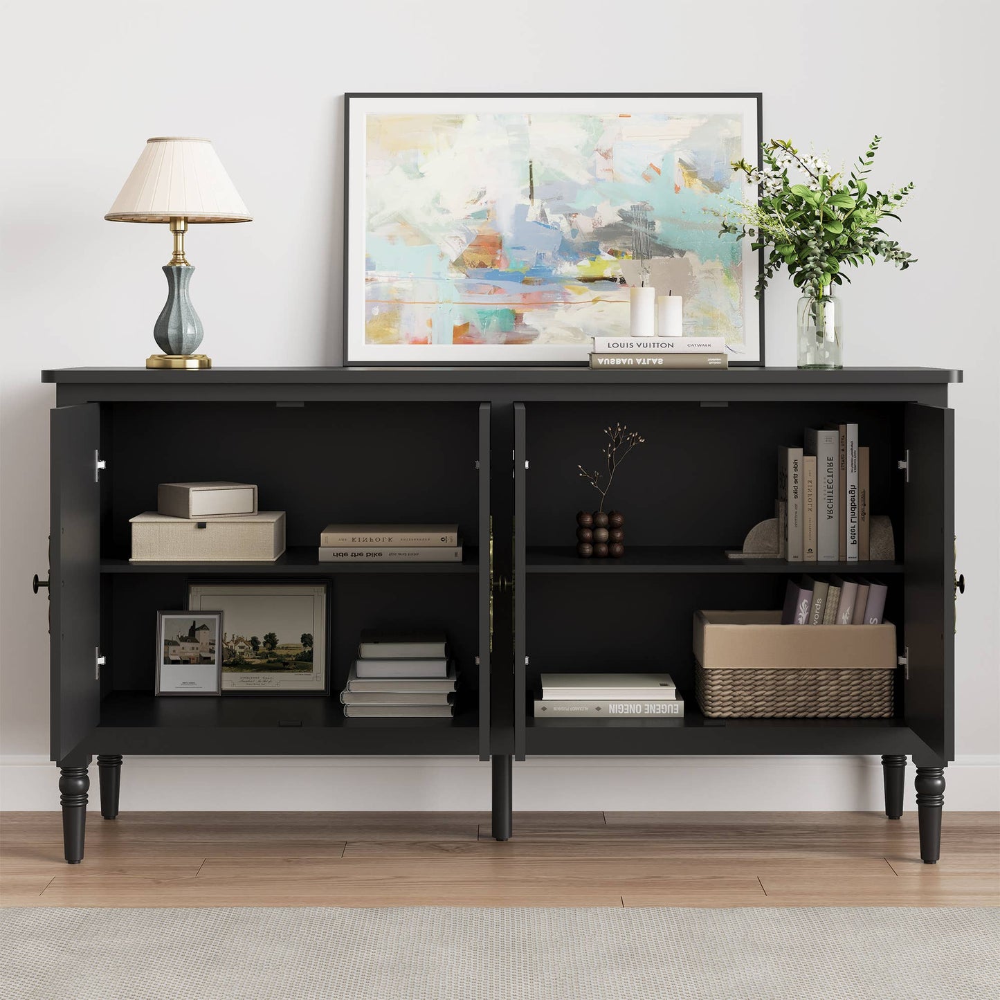 Console Cabinet, 58'' Mid Century Modern Pantry Cabinet