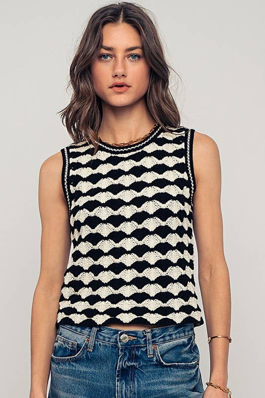 Scallop Crochet Contrast Trim Crewneck Tank Top