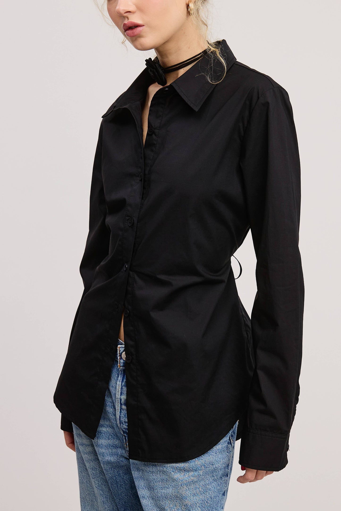 Fitted Collared Shirt Blouse with Back Self-Tie - Black