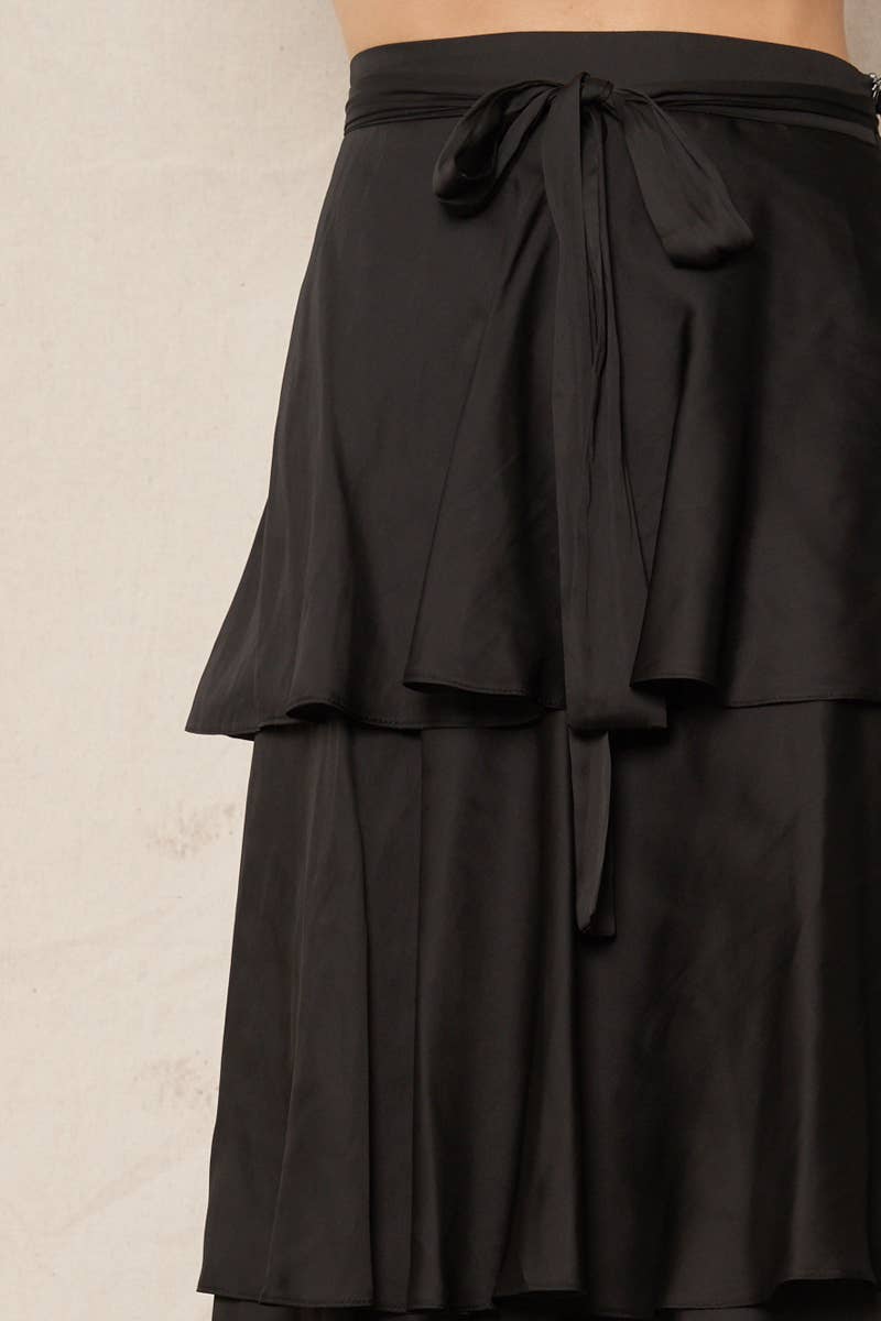 Belted Satin Tiered Midi Skirt - Black