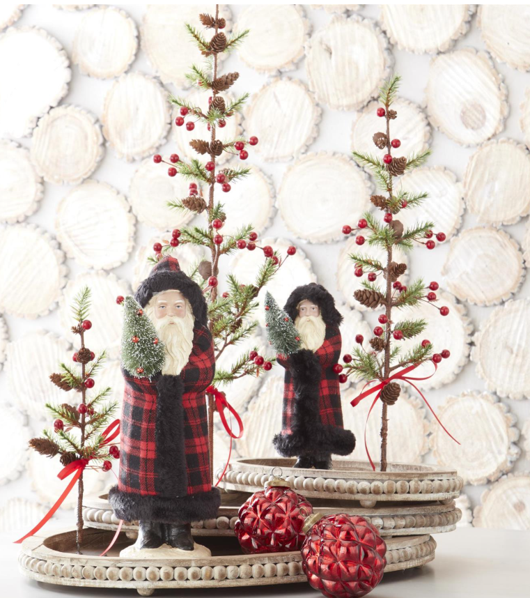 Red & Black Plaid Santas w/Black Fur Trim Holding Tree - set of 2