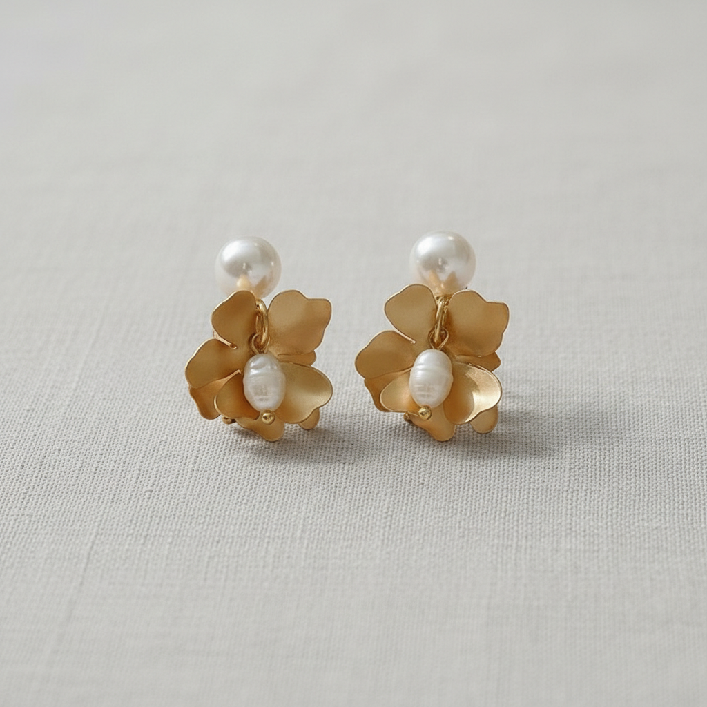 Silver Needle Pearl Floral Earrings