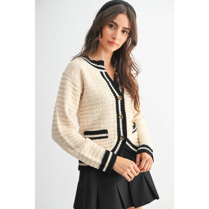 Classic Knit Cardigan Wtin Contrast Trim
