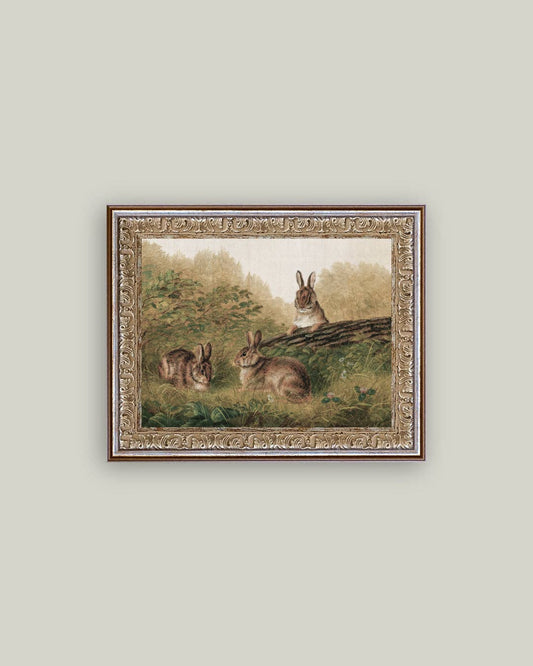 Rabbits on a Log Framed Antique Art