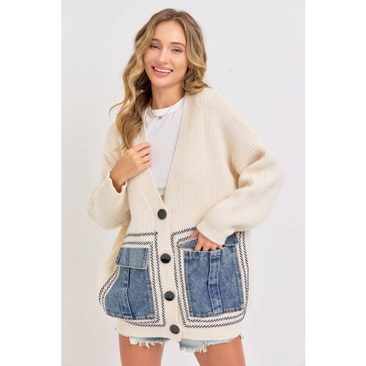 Knit Sweater Cardigan with Denim Pockets