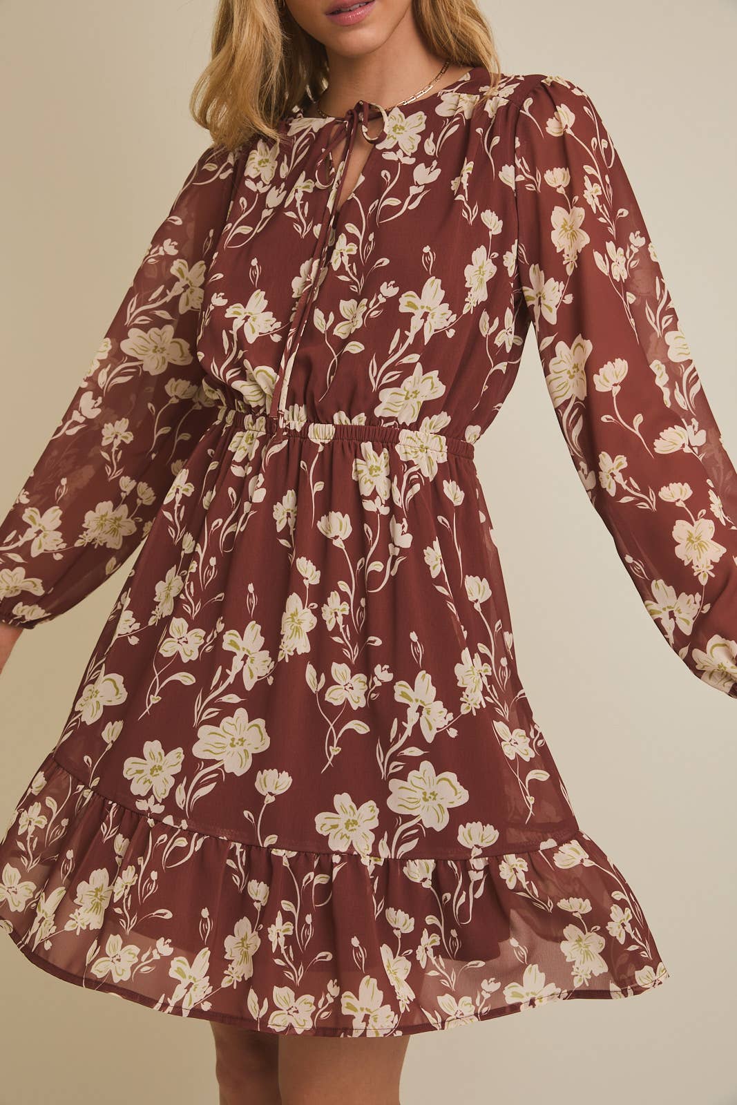 ROUND NECK FRONT TIE LONG SLEEVE FLARE HEM FLORAL DRESS