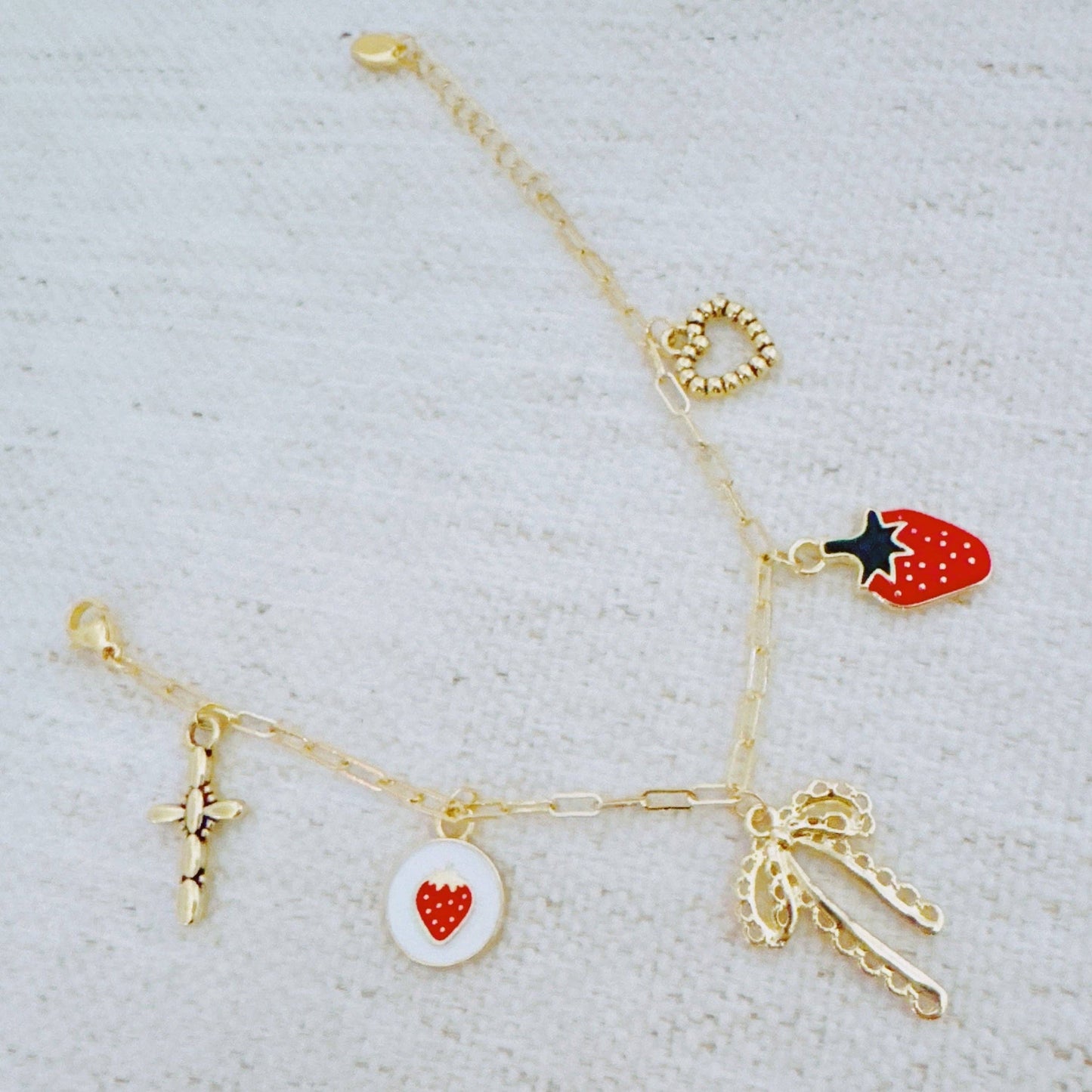 Berry Cute Strawberry Bow Heart Charm Bracelet