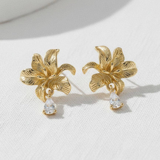 Cubic Zirconia Three-Dimensional Flower Stud Earrings