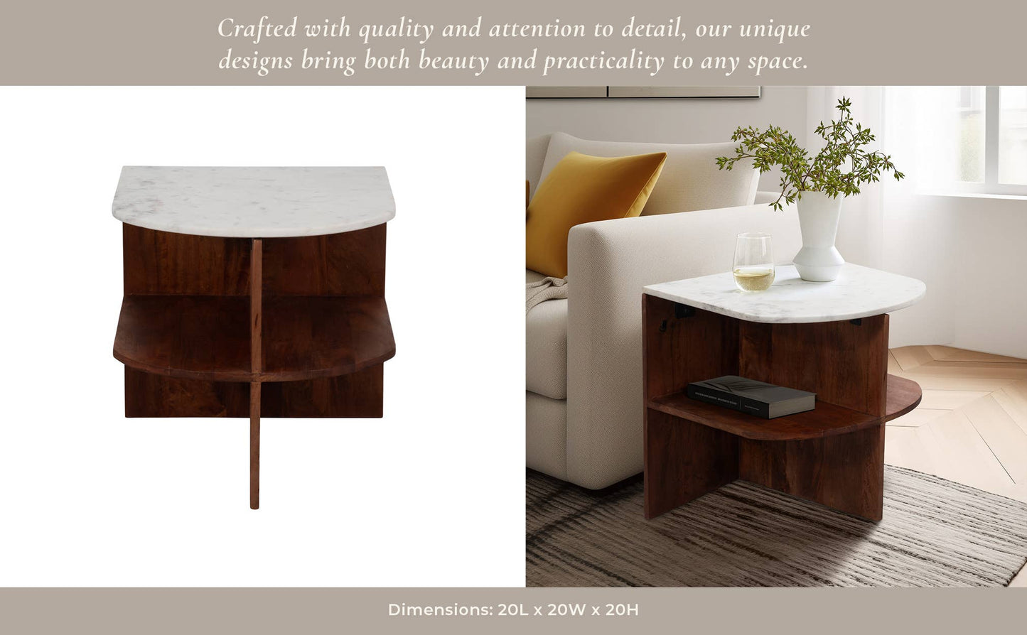 20" in Brown Mango Wood/Marble Half Round Side Table
