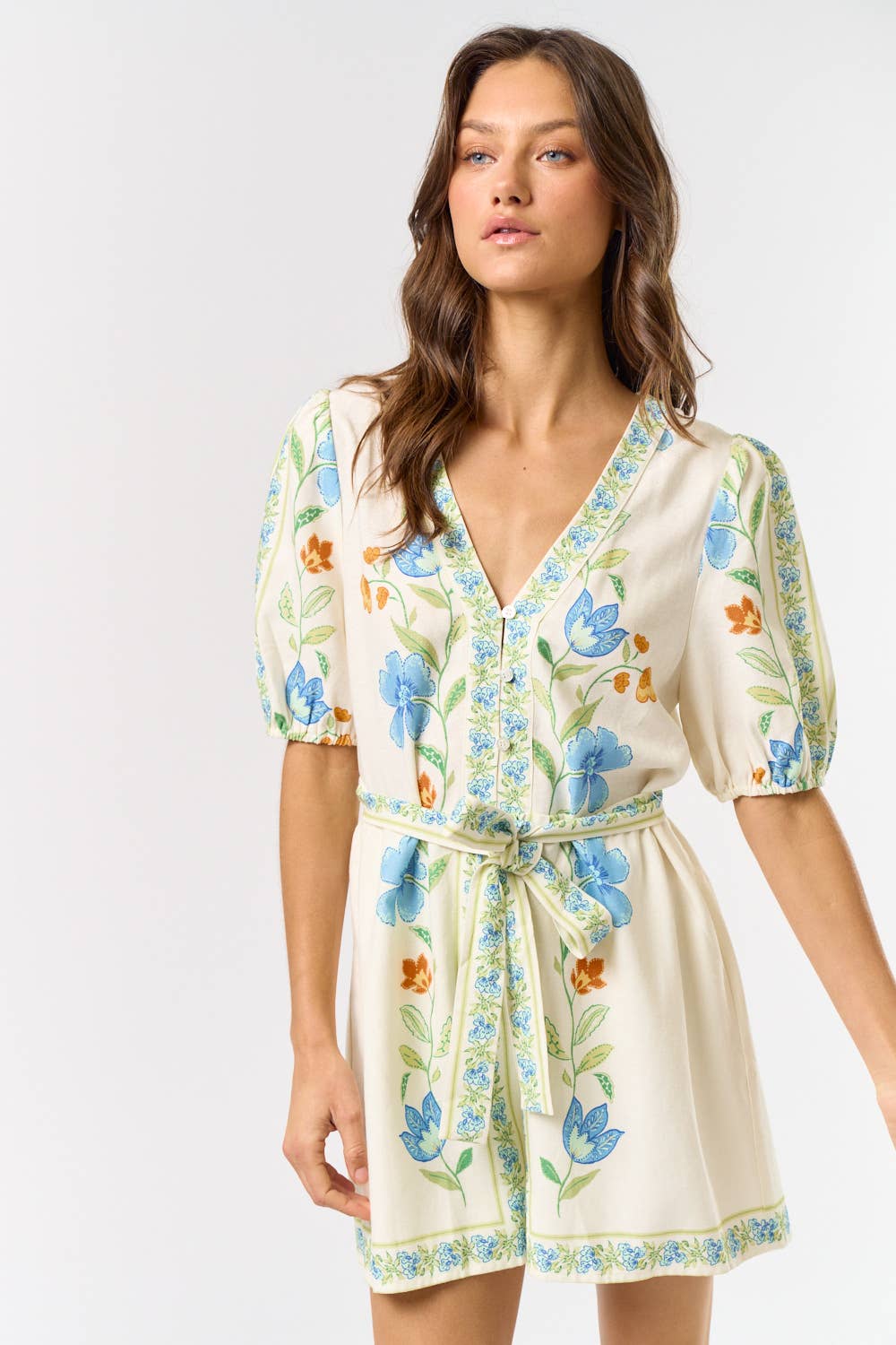 ILR5075 PRINTED SHORT PUFF SLEEVE ROMPER